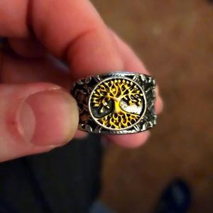 Size 13 silver ring with gold accents, the viking tree of life.